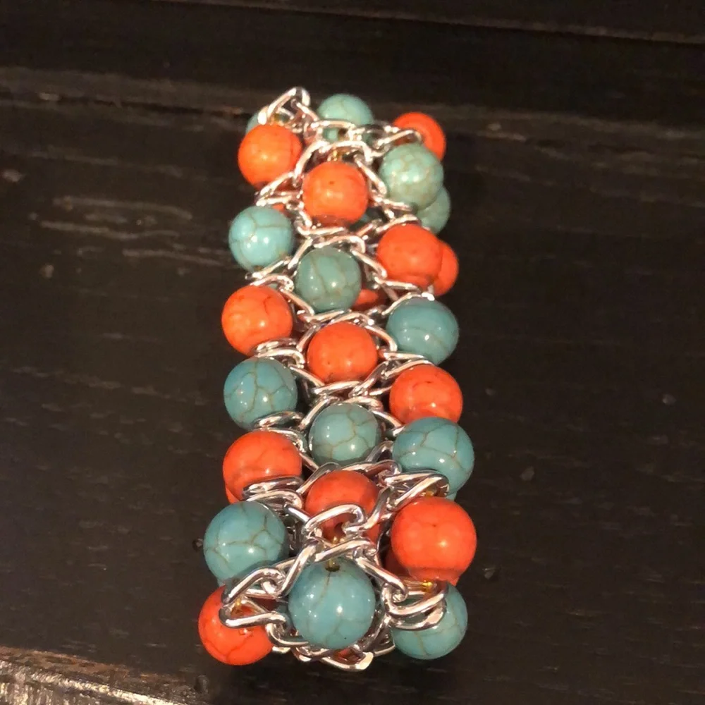 Stretch Bracelet - orange and turquoise - Picture 2 of 4